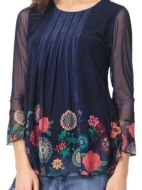 Desigual Top Navy Blue Boho Floral Artsy Pleated Sheer Mesh Bell Sleeve